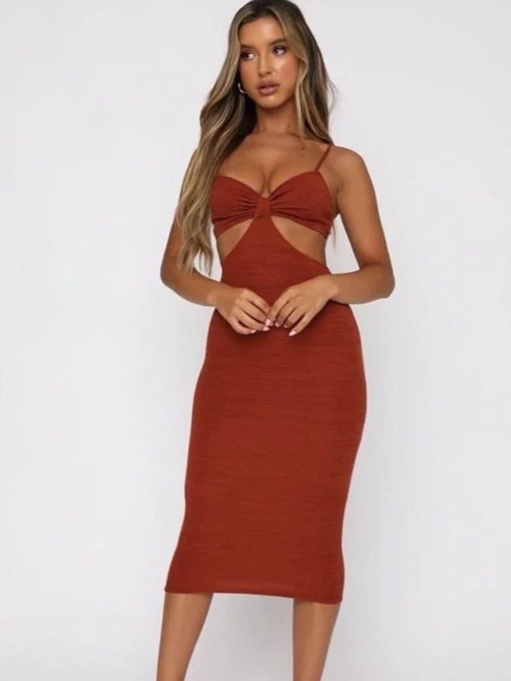 🤎 White Fox Boutique Level Headed Midi Dress – Rust | Size Medium